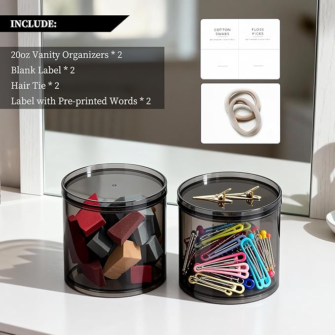 2Pack Stackable Black Plastic Container - 20 Ounce Round Vanity Storage Organizers with Lids for Hair Accessories & Beauty Supplies & bathroom container set