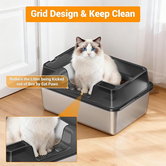Enclosed Stainless Steel Cat Litter Box with Lid Extra Large Litter Box for Big Cats XL Metal Litter Pan Tray with High Wall Sides Enclosure, Non-Sticky, Anti-Leakage, Easy Cleaning