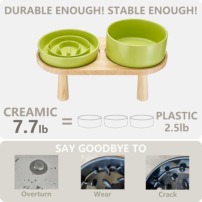 Ceramic Slow Feeder and Water Bowl Set for Medium and Large Dogs, 8.0 Inches Ceramic Dog Bowls Elevated with Wooden Stand, 2.0 Cups Dog Slow Feeder(30oz) and 70oz Water Bowl Set, Green