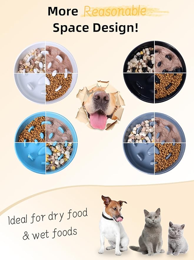 Dog Slow Feeder Bowl with Stand, Round Ceramic Pet Food Bowl for Medium Breed, Fun Raised Dog Bowls to Slow Down Eating (Black)