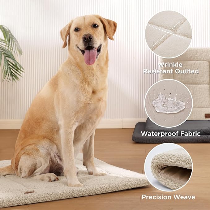 Reversible Dog Crate Pad Bed for Medium Small Dogs,Washable & Non-Slip Kennel Pet Mat, High Density Foam and Soft Fleece Cat Bed for Indoor & Outdoor Use, 35" x 23", Cream White