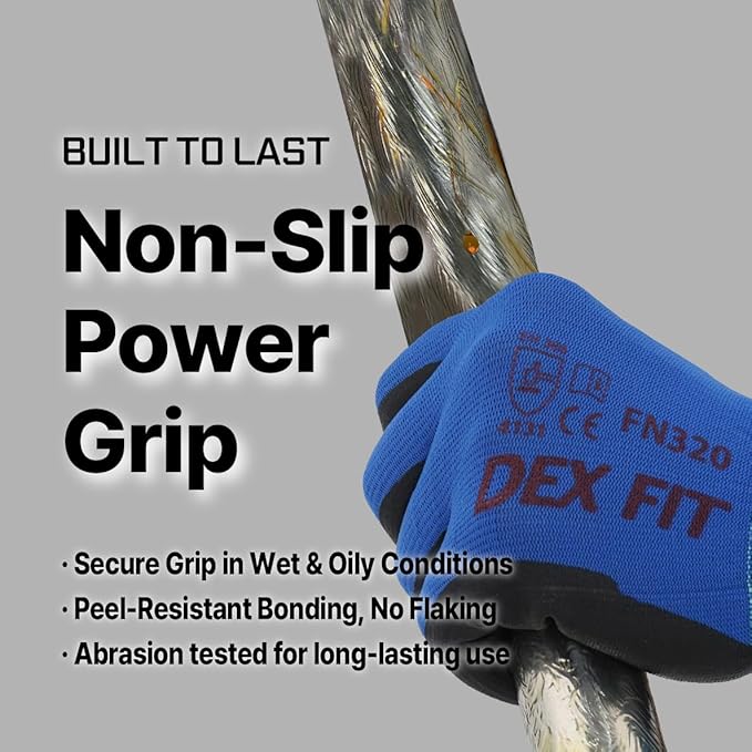 DEX FIT Premium Nylon Nitrile Work Gloves FN320, 3 Pairs, 3D-Comfort Stretchy Fit, Firm Grip, Thin & Lightweight, Durable, Breathable & Cool, Machine Washable; Blue 11 (XXL)