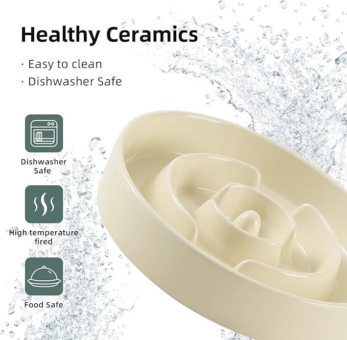 Ceramic 1.6 Cup Raised Slow Feeder Dog Bowl Set, Elevated Wooden Stand for Medium and Large Dog, 8.2inch Puzzle Slow Dish, Anti-Gulping(Light Yellow, Single Bowl+ Stand)