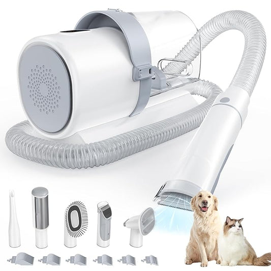 DUMOS 2.5L Pet Grooming Vacuum Kit, 3 Adjustable Suction Modes, 5 Professional Grooming Tools with Cordless Low Noise Dog & Cat Hair Clippers, Ivory