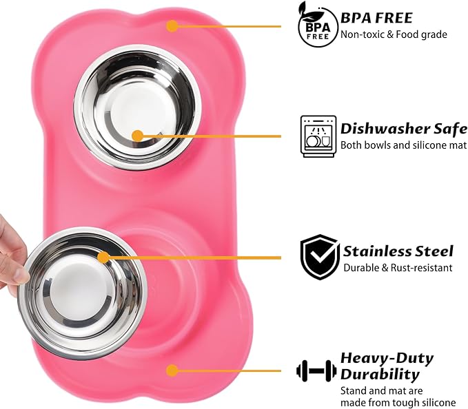 Hubulk Pet Dog Bowls 2 Stainless Steel Dog Bowl with No Spill Non-Skid Silicone Mat + Pet Food Scoop Water and Food Feeder Bowls for Feeding Small Medium Large Dogs Cats Puppies (M, Pink)
