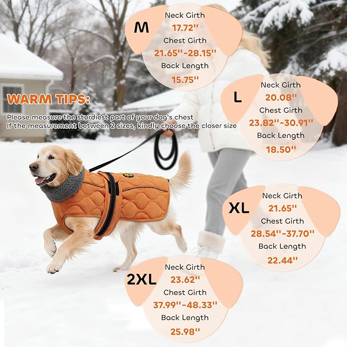 Dog Coat Winter, Waterproof Quilted Dog Jacket for Cold Weather, Reflective Adjustable Puppy Winter Coat, Warm Turtle-Neck Pet Fleece Snow Jacket for XX-Large Dogs, NewOrange XXL