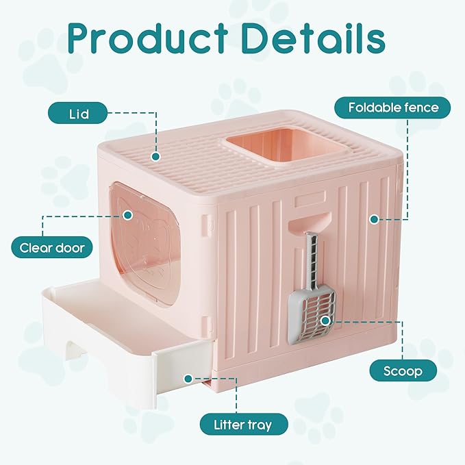 Cat Litter Box with Scoop, Large Foldable Litter Box with Lid & Drawer Tray, Front Visible Entry Top Exit Kitty Box, Odor Control, Easy to Clean
