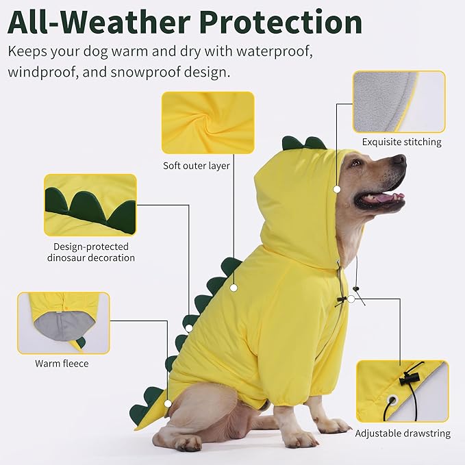 LovinPet Dog Warm Coat with Hood – Medium & Large Dinosaur Hoodie Winter Jacket for Cold Weather, Yellow & Green Coat for Large Dogs,XXL