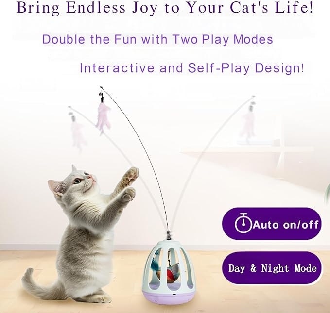 Cat Feather Wand Interactive Toy - Upgraded Pet Supplies Kittens Boredom Self Play Chase Exercise,Kitten Automatic Toys for Bored Indoor Adult Cats with Simulated Chirping Bird in Cage， Rechargeable