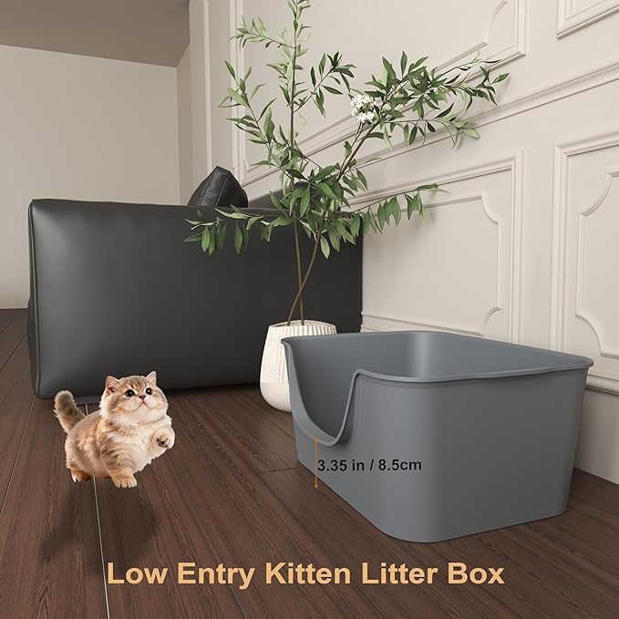 Low Entry Cat Litter Box with High Sides - Open-Top Anti-Splash, Durable Easy-Clean Pan for Kittens, Munchkin Cats, Senior Medium-Sized Cats & Small Pets (Rabbits), 19.3”x13.3”x7.8” Grey