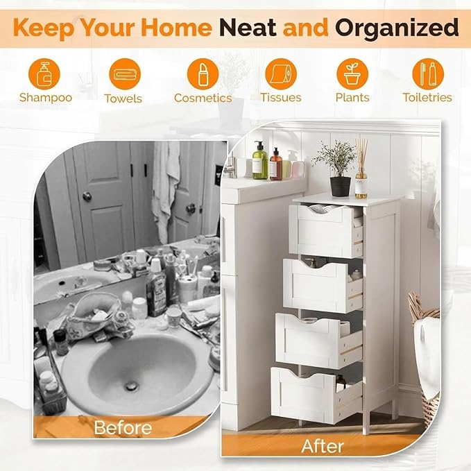 VINGLI White Bathroom Storage Cabinet with 4 Drawers Wooden Freestanding Slim Bathroom Floor Cabinet Small Side Organizer Storage Unit for Restroom Livng Room Kitchen Office Hallway Entryway