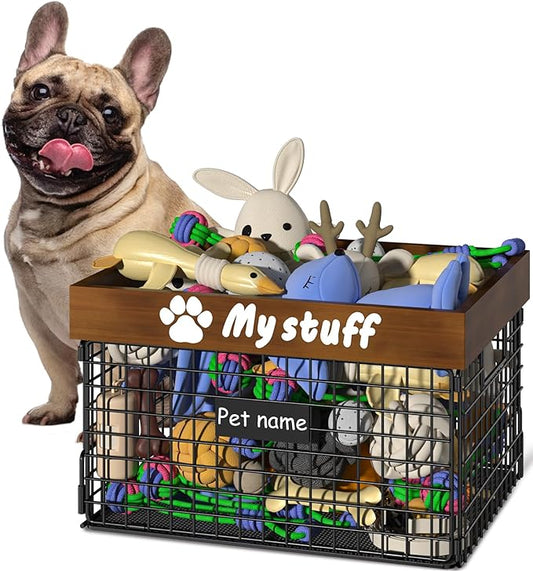 Dog Toy Bin Toy Basket Metal Storage Box with Handles Dog Organizer Chew-Proof Dog Toy Box Blankets Leashes Chest Puppy Dog Toy Storage Wood Metal Container Home Decor Pet Toys Dog Cat