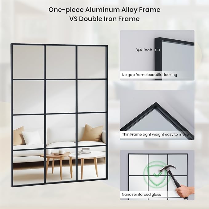 Windowpane Wall Mirror 30"x48" Black Wall Mounted Art Pane Mirror Farmhouse Decorative Mirror Leaning Hanging Wall Mirror for Bedroom Living Room Entrance Hallway Wall Decor