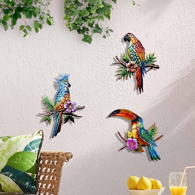 Voumsil 3 PCS Metal Birds Wall Decor Parrot Toucans Tropical Wall Art Outdoor Wall Sculpture for Patio Balcony Garden Fence Wall Decor for Bedroom Living Room Indoor Wall Hanging