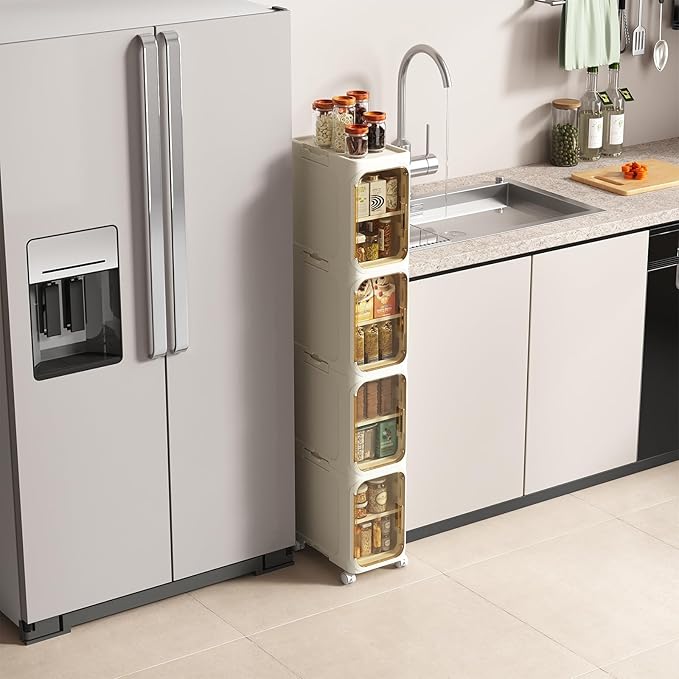 4 Tier Slim Bathroom Storage Cabinet, Narrow Organizer with Wheels and Toilet Paper Holder, Waterproof, No Assembly Required, Perfect for Small Spaces in Bathroom, Kitchen and Living Room
