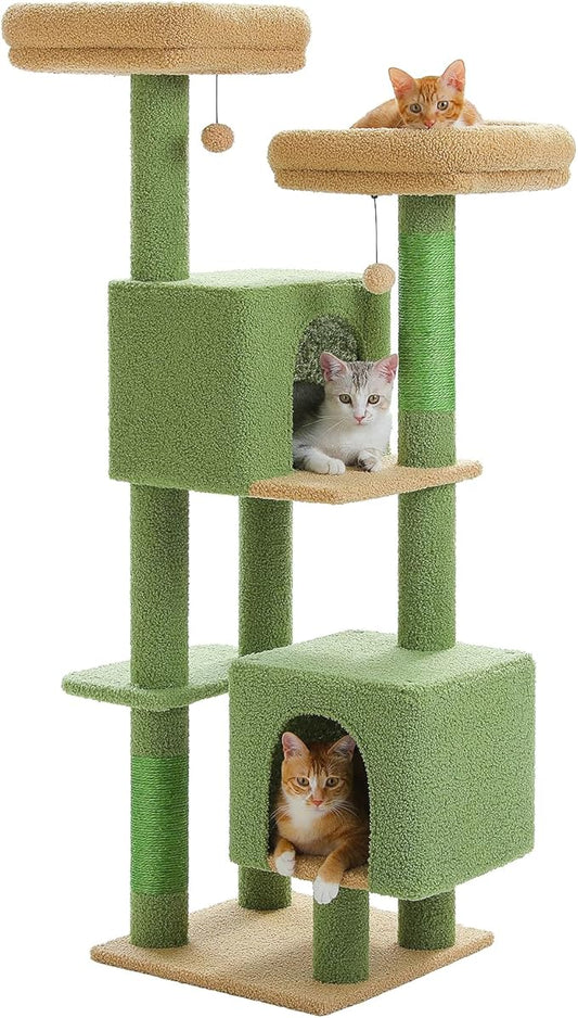 52.4" Cactus Cat Tree, Cute Cat Tower for Indoor Cats with 2 Padded Perches, 2 Cozy Condos & Sisal Scratching Posts, Green