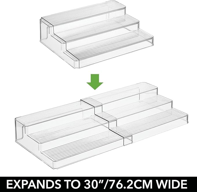 mDesign Plastic Spice/Food Kitchen Expandable Cabinet Shelf Organizer, 3 Tier Storage, Compact Caddy Rack for Cupboards, Refrigerator Holds Spices/Herb Bottles - Lumiere Collection - 2 Pack - Clear