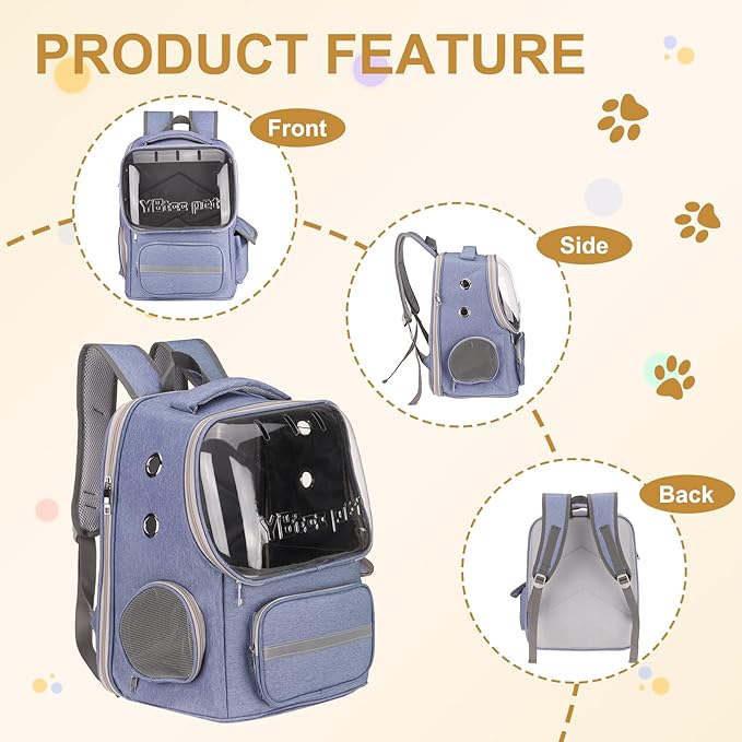 Pet Backpack Carrier, Portable and Ventilated, Oxford Cloth, Dogs Cats Travel Bag with Transparent Cover 14.17", (Blue, 1 Pcs), Intended for Hiking/Traveling/Camping