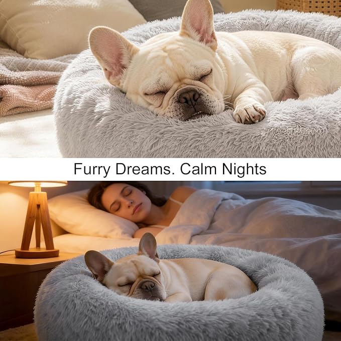 Dog Calming Beds for Small Medium Dogs - Round Donut Washable Dog Bed, Anti-Slip Faux Fur Fluffy Donut Cuddler Anxiety Cat Bed(Light Grey 28")