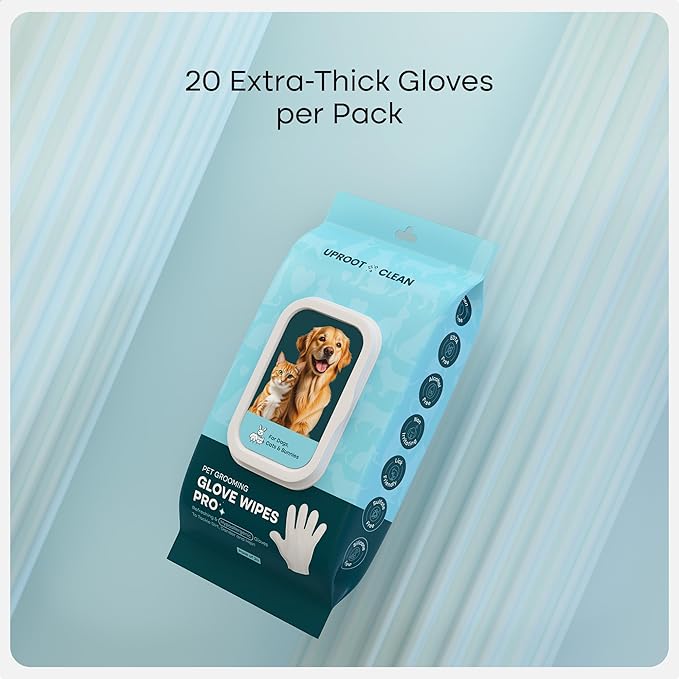 Uproot QuickClean Gloves Pro: Extra-Thick Pet Glove Wipes for Dogs & Cats - Easy Wipe Paws, Eyes, Ears, Butt, & Body - Lick-Safe for Cats & Dogs - Cleaning, Deodorizing & Grooming (20 Pack)