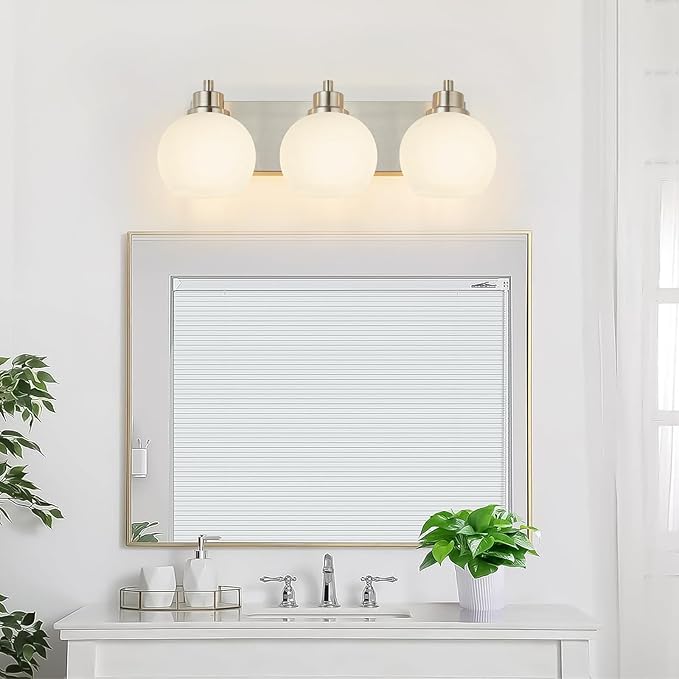 Tuscarora Bathroom Light Fixtures, Brushed Nickel Vanity Light 3 Light with Milk Glass Shade, Over Mirror Lighting for Bathroom