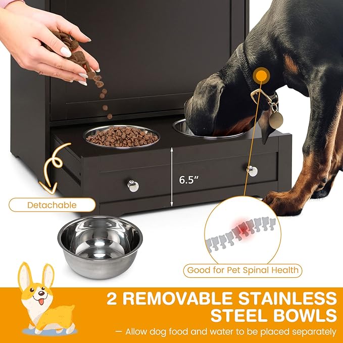 Tangkula Pet Feeder Station, Dog Food Storage Container With Double Pull Out Bowls, Food Toy Organizer Cabinet, Feeding Station Furniture for Dogs Cats Feeding & Watering Supplies (Brown)