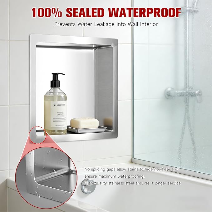 No Tile Needed Shower Niche 13"X 13", Bathroom Wall Niche Single Shelf, Stainless Steel Shower Niche for Bathroom, Kitchens, Balconies