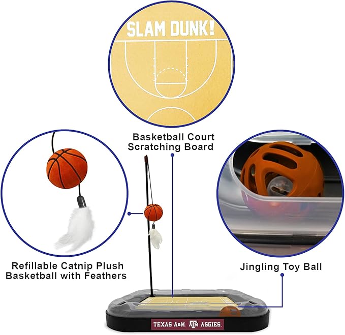 Aggies REVERSIBLE Basketball Court Cat Scratcher with Interactive Cat Ball - 6-in-1 CAT TOY Wand, CatNip Plush Basketball