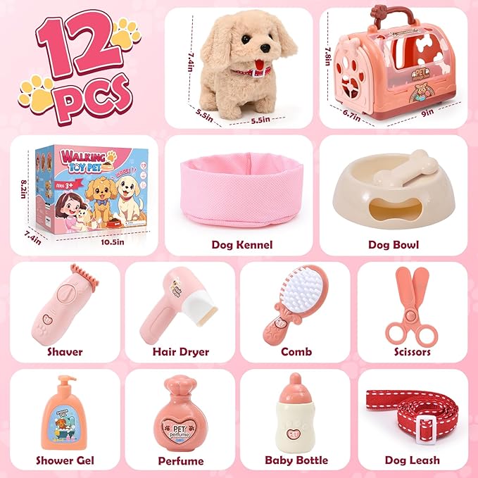 Golray Dog Toys for Kids Girls, Electronic Interactive Walking Barking Dog with 12 Pcs Carrier & Accessories Toddler Girl Toy Dog Puppy Pet Care Pretend Play Set, Birthday Gift for Little Girl 3 4 5 6