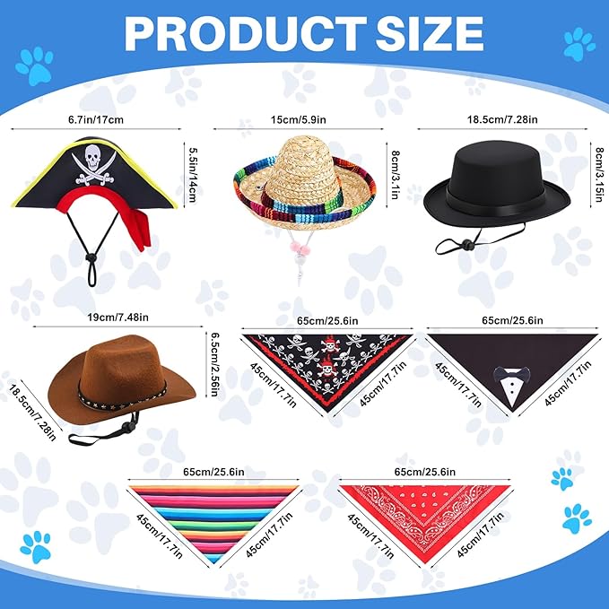 Eccliy 4 Sets Dog Costume Outfit Pirate Dog Hat Formal Tuxedo Bandana Collar Pet Cowboy Hat Mexican Sombrero Hats for Fiesta Halloween Wedding Outfit Accessories Photo Prop Party Supplies