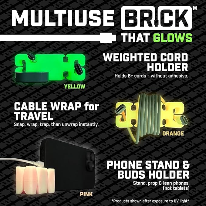 GlowBrick Stocking Stuffers for Adults Cord Management Weighted Cord Holder Cable Wrap Phone Stand - Glow-in-The-Dark Gadget Organizer for Nightstand. Gift for Men, Silicone. 6pk Glowing Green