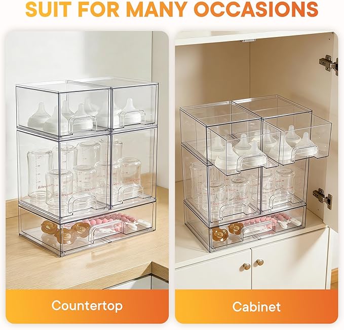 Baby Bottle Organizer, 5 Pack Clear Space-Saving Stackable Drawer with Handle, Baby Bottle Storage Organizer for Countertop and Cabinet