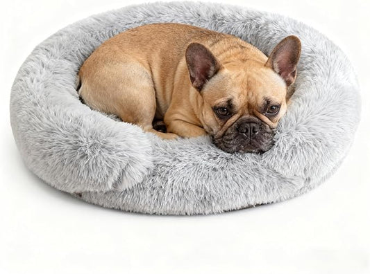 Calming Dog & Cat Beds for Small Medium Dogs Cats, Anti-Anxiety Pet Bed Orthopedic Donut Cushion, Soft Fluffy Faux Fur Warming Cozy Washable, Fits up to 15 lbs Pets (Round, Pale Grey 20")
