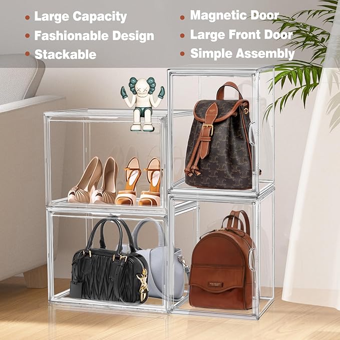 5 Pack XX-Large Acrylic Display Case Purse Organizer Clear Plastic Handbag Storage Organizer for Closet Storage Bins for Boots, Big Bag, Backpack,Collectibles, Cosmetic