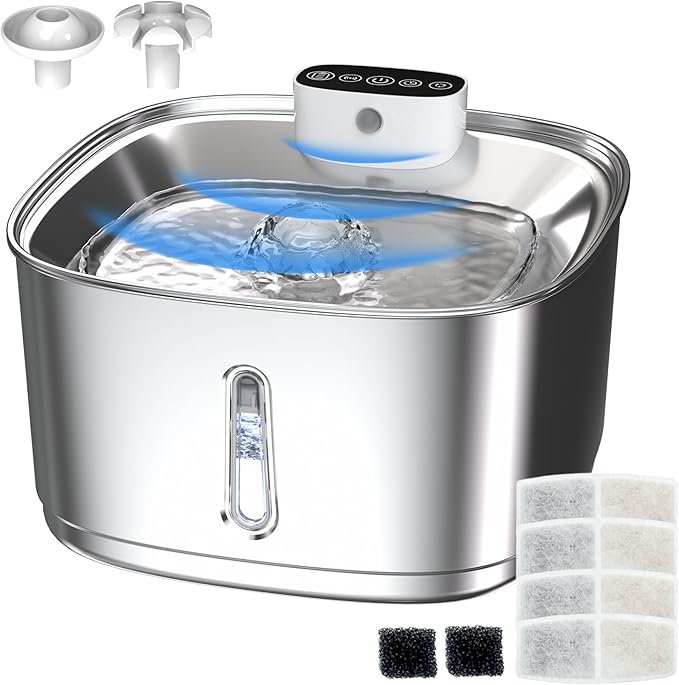 Cat Water Fountain Stainless Steel- 108oz/3.2L Pet Water Fountain Cordless with Motion Sensor, 4 Replacement Filters, Ultra-Quiet Auto Dog Water Dispenser Battery Powered (Stainless Steel)
