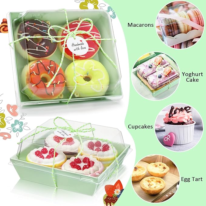 Outus 100 Pack Charcuterie Boxes with Clear Lids, 5.7 x 5.1 '', Mother 's Day Back to School Paper Food Containers Cake Take out Bakery Boxes with Gift Tags Rope for Desserts(Light Green,Classic)