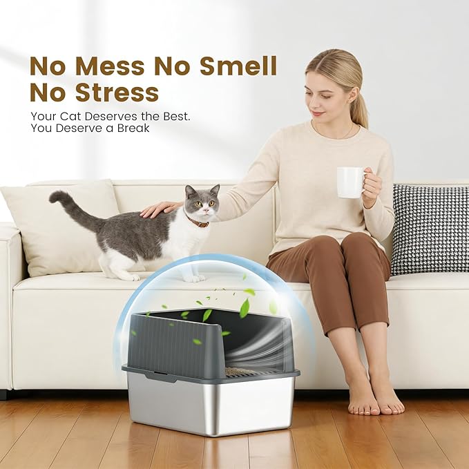Stainless Steel Metal Litter Box for Kittens & Small Cats, 11.8" High Sides Prevent Litter Scatter, Open Top Litter Pan Anti-Leak & Easy Clean, Compact Space-Saving Size 17.3x13.4x11.8 Inches