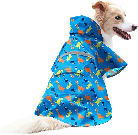 NACOCO Large Dog Raincoat Adjustable - Pet Dinosaurs Water Proof Clothes Lightweight Rain Jacket Poncho Hoodies with Strip Reflective Blue (XL, Blue Dinosaur)