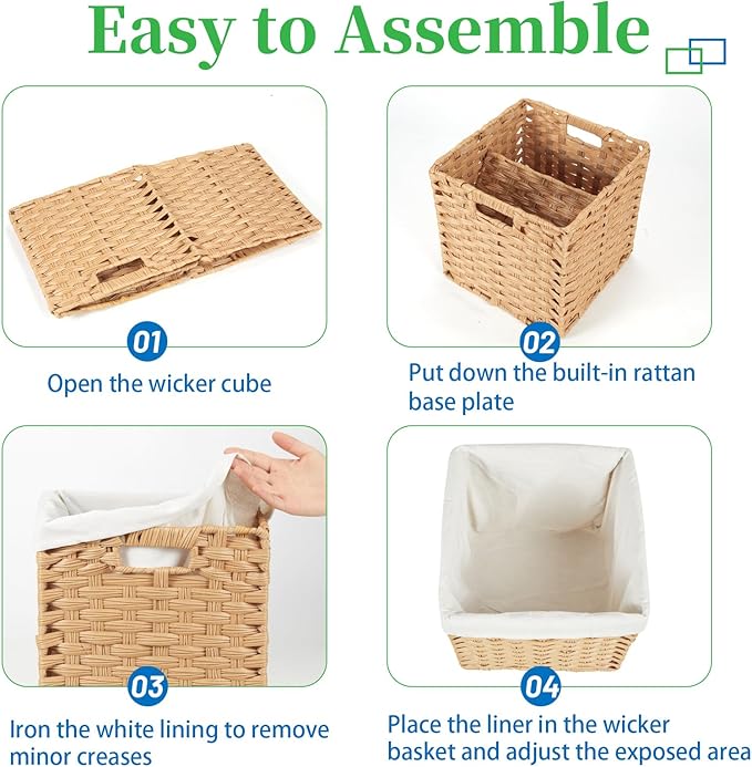 Bidtakay Wicker Storage Baskets with Liners 11x11 Storage Cube Bins Woven Basket with Imitation Water Hyacinth 2-Pack Waterproof Woven Storage Bins for Organizing Rattan Baskets Organizer-Natural