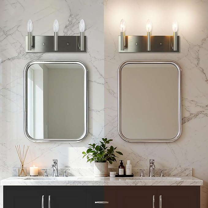 Kalium Bathroom Light Vanity Fixtures Over Mirror, 3-Lights Modern Brushed Nickel Wall Sconces, Minimalist Wall Lights for Livingroom Bedroom Entryway Hallway Staircase, E12 Base(Bulbs Not Included)