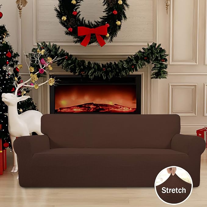 Easy-Going Stretch Sofa Slipcover 1-Piece Sofa Cover Furniture Protector Couch Soft with Elastic Bottom for Kids, Polyester Spandex Jacquard Fabric Small Checks (Sofa, Coffee)