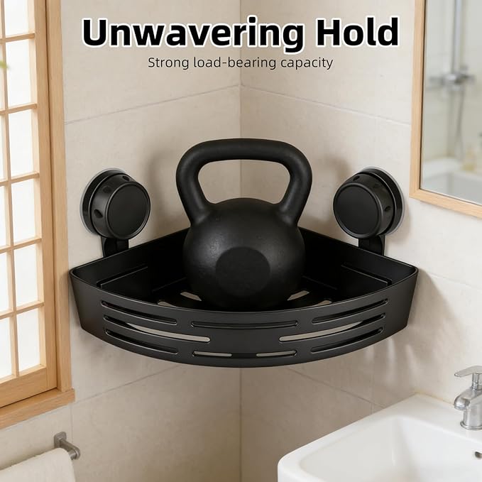 2026 New Corner Shower Shelf Suction Cup Shower Caddy, No Drilling Bathroom Storage Rack, Corners Organizer Storage Rack Adhesive with Towel Bar (Black three-layer)