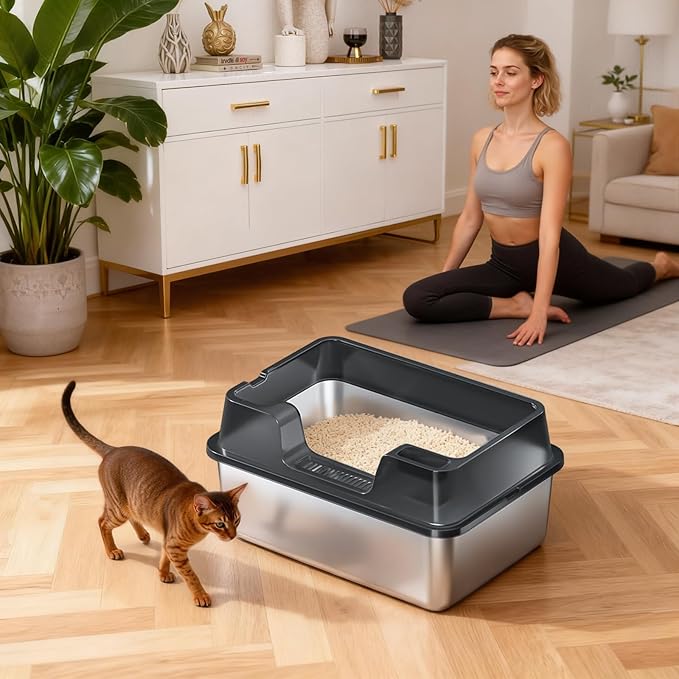 Enclosed Stainless Steel Cat Litter Box with Lid, XL Extra Large Litter Box for Big Cats, Metal Litter Pan High Sided, Never Absorbs Odors, Anti-Urine Leakage, Easy Cleaning, Include Scoop