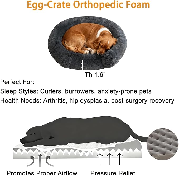 Calming Cute Dog Beds for Medium Dogs, Orthopedic Cushion Anti-Anxiety Donut Cuddler Bed, Soft Fluffy Faux Fur Plush Warm Cozy Removable Cover Fits up to 35 lbs Pets (Round, Dark Grey 28")