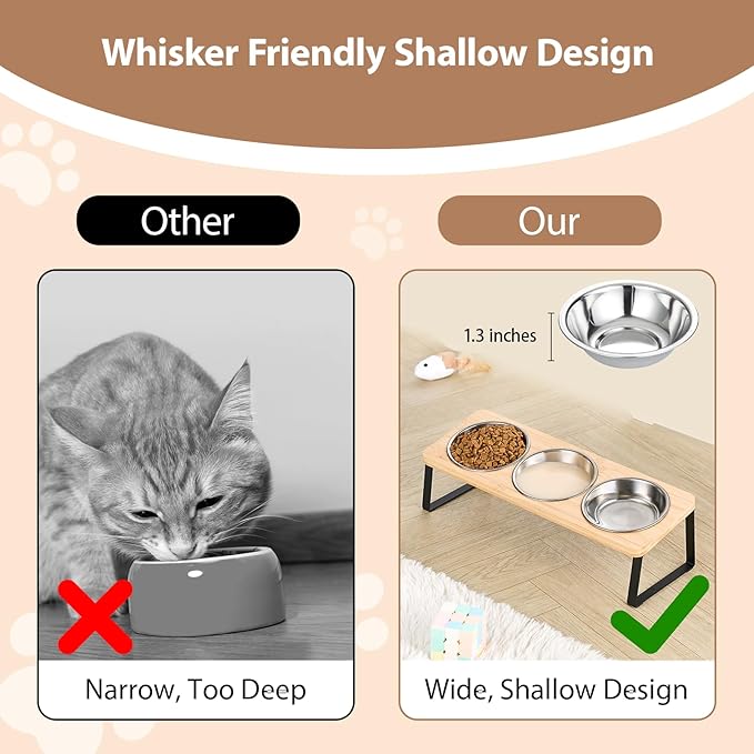 Elevated Cat Bowls for Cats and Puppies, Whisker-Friendly 15° Tilted Raised Cat Food Bowl, Anti-Vomiting Design with 3 Stainless Steel Dishes