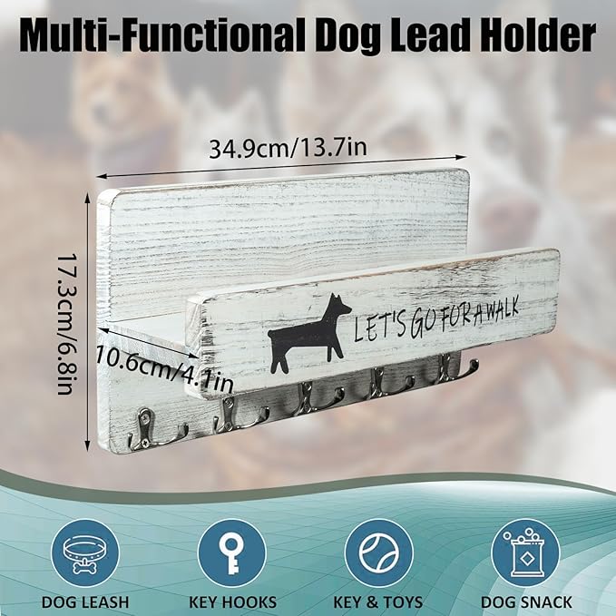 Wood Dog Leash Holder for Wall, Key Hangers with 5 Double Key Hooks, Dog Leash Hanger Wall Mounted for Entryway, Farmhouse Treats,35cm,White