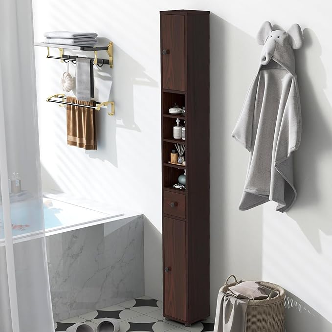 Tangkula Tall Slim Bathroom Storage Cabinet, 71" Freestanding Bathroom Cabinet w/ 2 Doors, 1 Drawer & 5 Adjustable Shelves, Floor Narrow Tower Cabinet for Small Spaces, 8" x 8" x 71" (Brown)