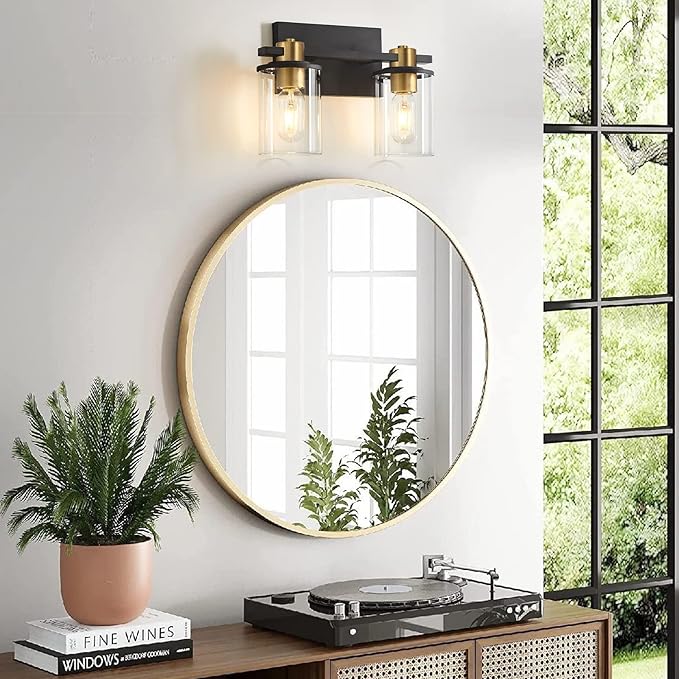 stambord 2 Light Bathroom Vanity Light, Black and Gold Bathroom Light Fixtures, Sconces Wall Lighting with Glass Shade, Modern Farmhouse Vanity Lighting fixtures for Bathroom, Bedroom, Hallway