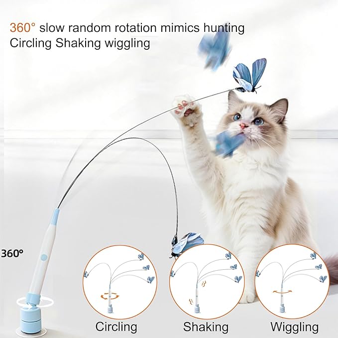 Interactive Cat Toys for Indoor Cats, Upgraded 360° Automatic Spin Butterfly, USB Rechargeable Electric Cat Teaser with Strong Suction Base, Enrichment Toy for Bored Cats (Blue)