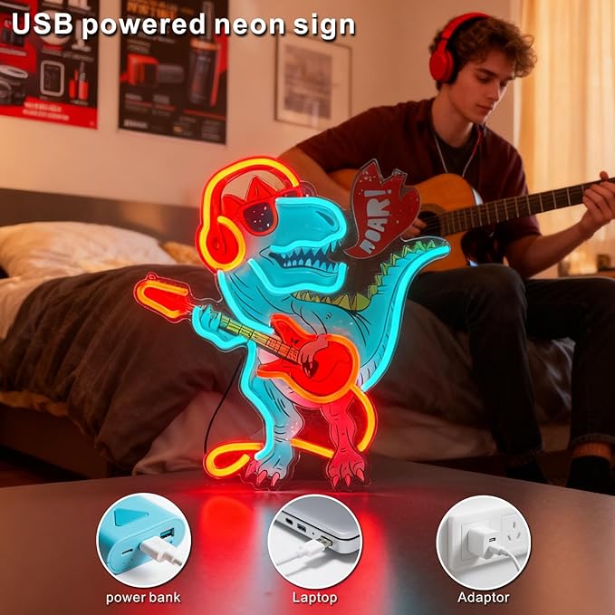 Dinosaur Neon Sign,neon signs for wall decor-Usb Powered, Adjustable gamer room decor for boys Led Light for Bedroom, Bar, Pub, Party, Man Cave Decor,gifts for teen boys